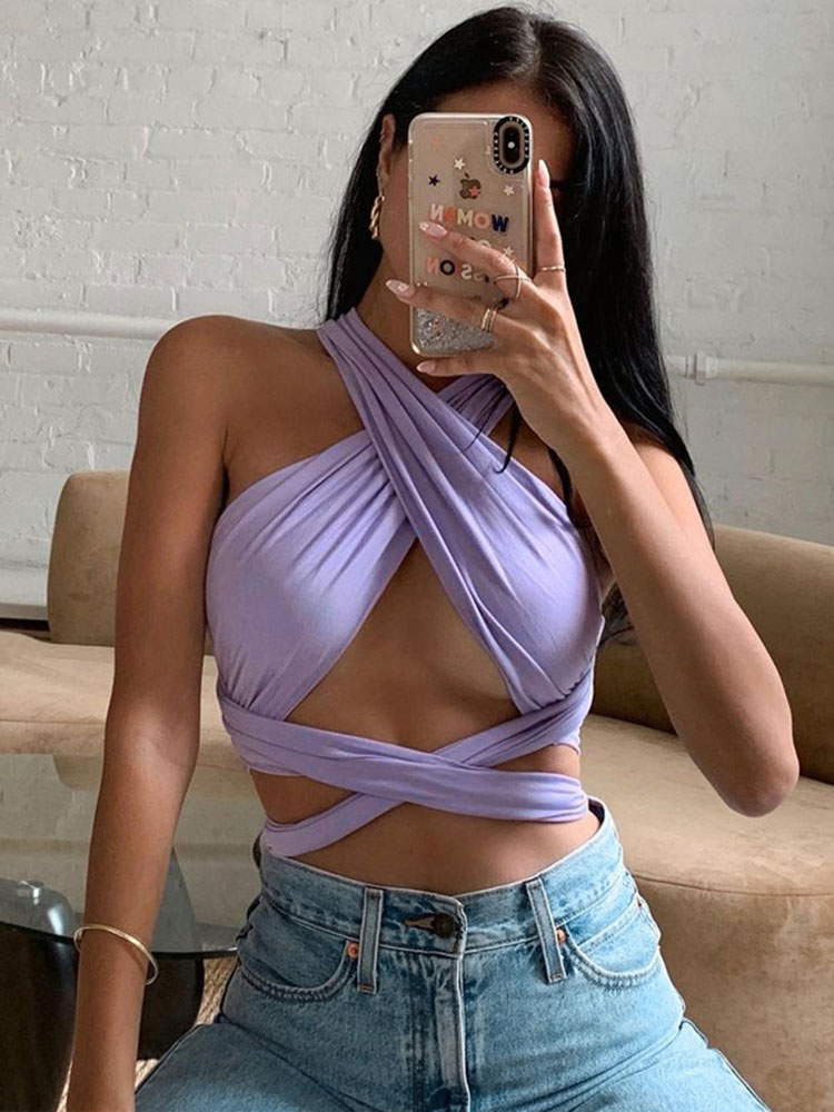 Crop Top Crochet - Women Strappy Cross Over Front Cut