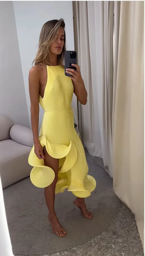Women Elegant Yellow Halter Ma - Maxi Dress Halter recension och pris